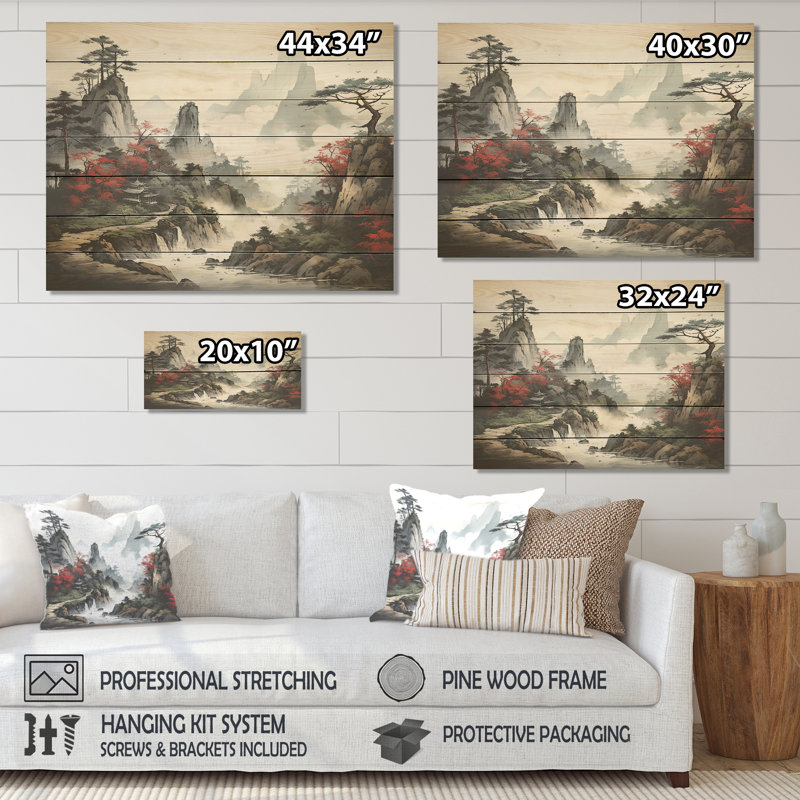 «Gray River China Landscape I», reproduction d'art sur bois, H 10 po x l 20 po