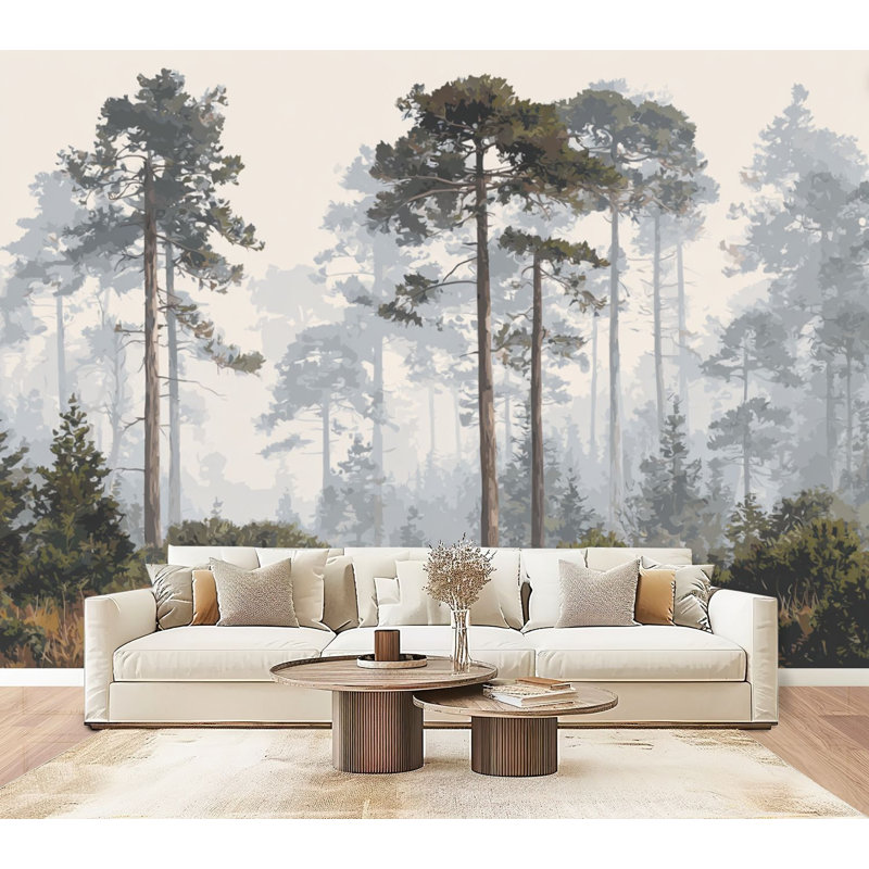 Papier peint adhésif pelez et collez Misty Forest Tall Slender Trees, L 96 po x l 69 po