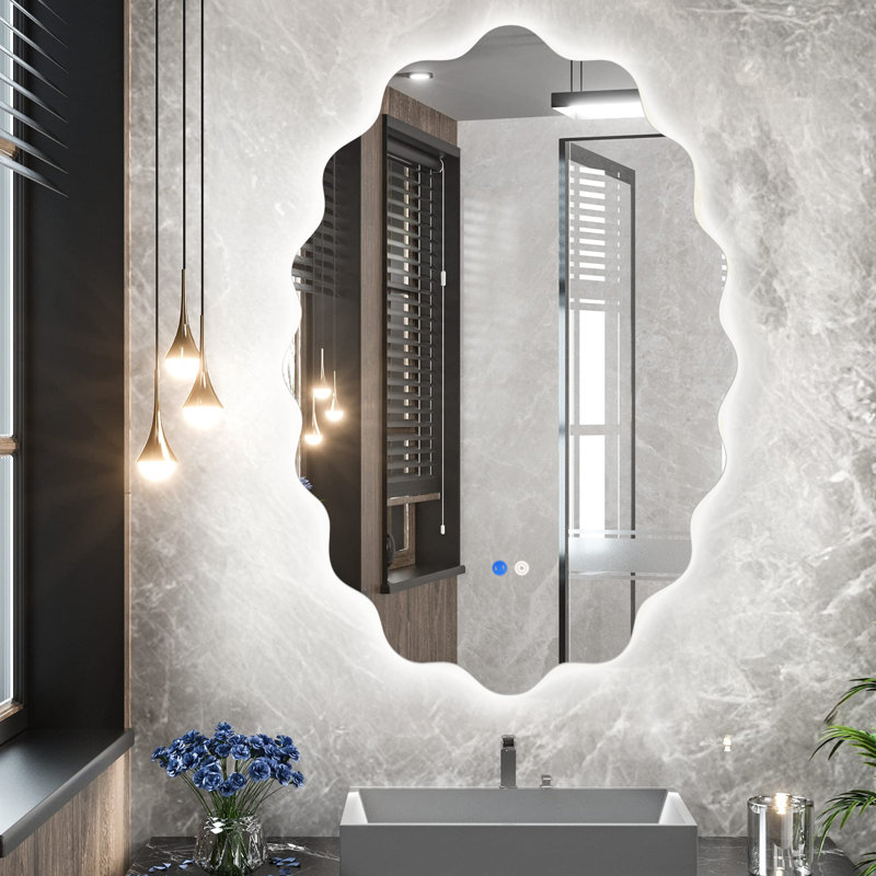 Modern Oval Wavy Led Mirror, Frameless Backlit Wall Mirror For Bathroom Vanity, Dimmable Lighted Mirror With Touch Switch