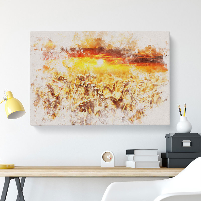 Wheat Field At Sunset Watercolour - Wrapped Canvas Print, 35cm H x 50cm W x 3cm D