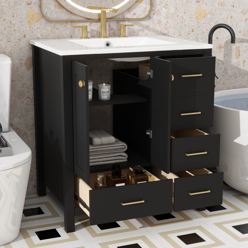 Meuble-lavabo de 30 po avec lavabo en céramique, solution de rangement autoportante avec 4 tiroirs, Noir