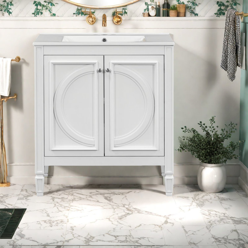 Spacieux meuble-lavabo double 60 po, bois durable et bois aggloméré, élégance rétro pour la maison
