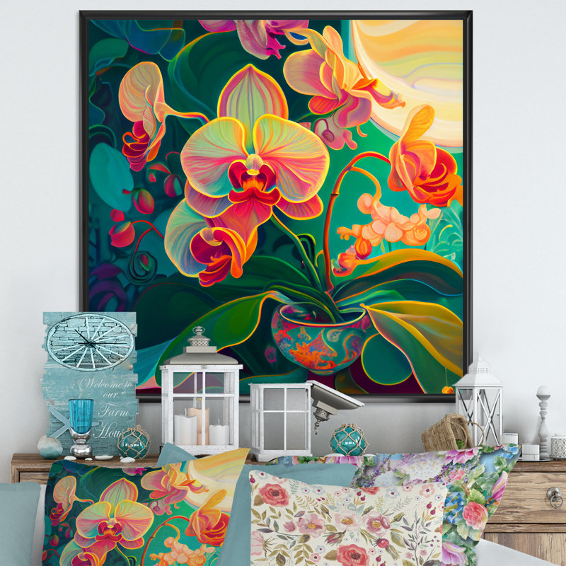 Orchidée en fleurs dans des couleurs vives rétro III - impression, H 36 po x l 36 po x P 1,5 po, Cadre flottant noir