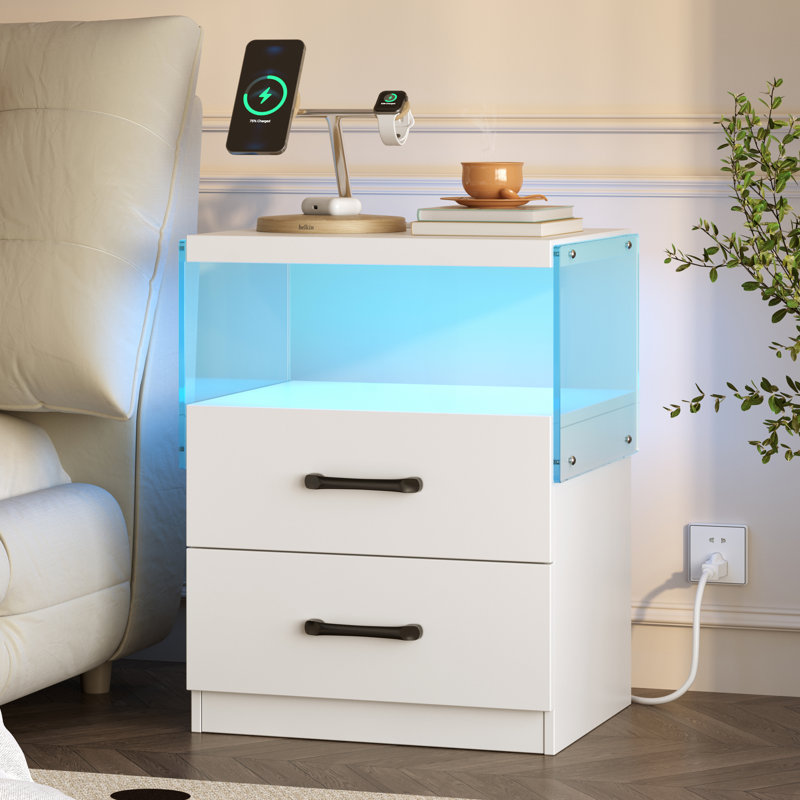 22'' Height Modern LED Nightstand with Charging Station, White, Individual