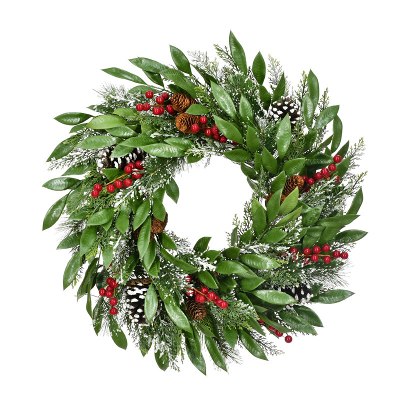 Fraser Hill Farm 25-In. Mixed Leaf Wreath Door or Wall Hanging with Pinecones and Berries