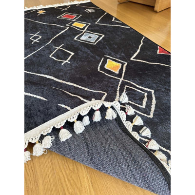 Coton imprimé marocain noir Toscana; Tapis chenille antidérapant