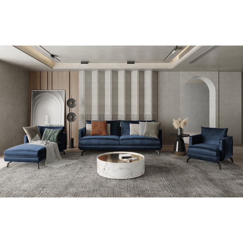 Unic Velvet Chaise Lounge, Left-Arm Chaise, Midnight Blue
