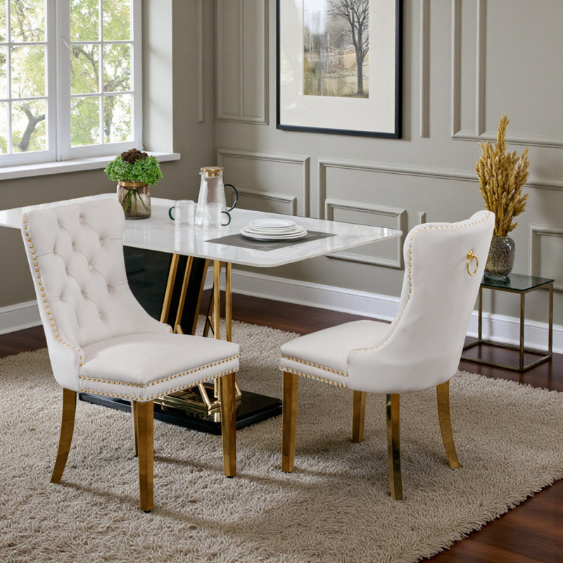 Tufted Velvet Wing Back Side Dining Chairs, Beige, Mirror Gold