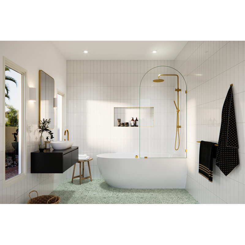 Venus 34 in. x 66.75 in. Frameless Arched Single Fixed Bath Panel, Satin Brass