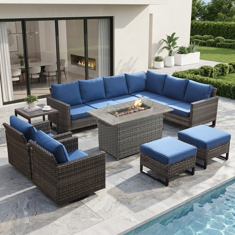 Kreda 7-Piece 8-Person Powder Coated Steel Outdoor Seating Group, Gray, Blue