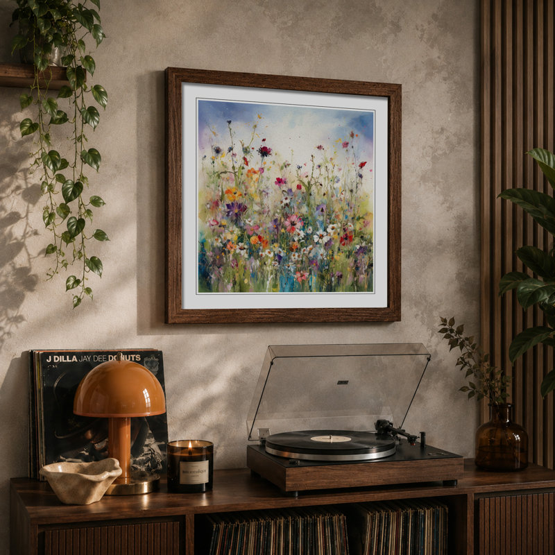 Meadow Floral Art No.2 - Single Picture Frame Print on Wood, Walnut