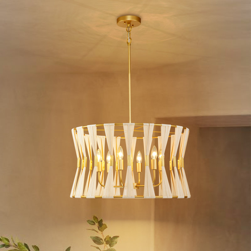 Renessa 6-Light Hand-Wrapped Rope Drum Chandelier , Brass/Beige