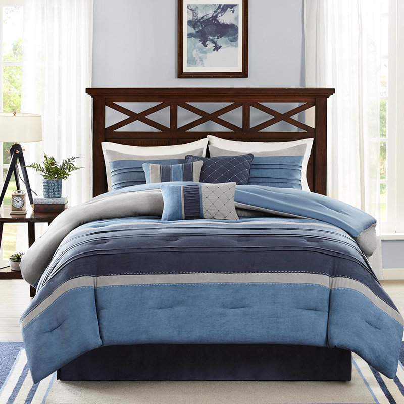 Ensemble de 7 pièces de literie pour grand lit bleu marine, édredon en suède à motif microsuède avec coussins décoratifs, facile à entretenir