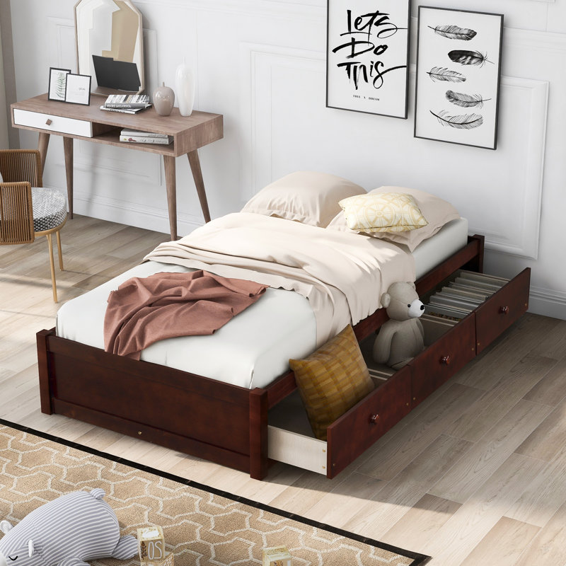 Lit plateforme simple avec rangement et 3 tiroirs, Cerisier