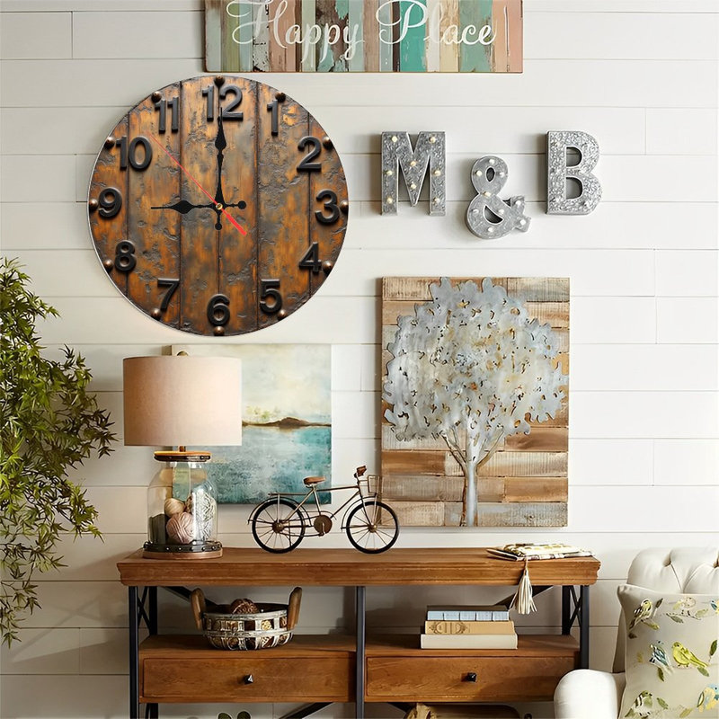 Horloge murale 10 po en MDF rond avec mouvement à quartz silencieux et crochet sans perceuse (piles AA non incluses)