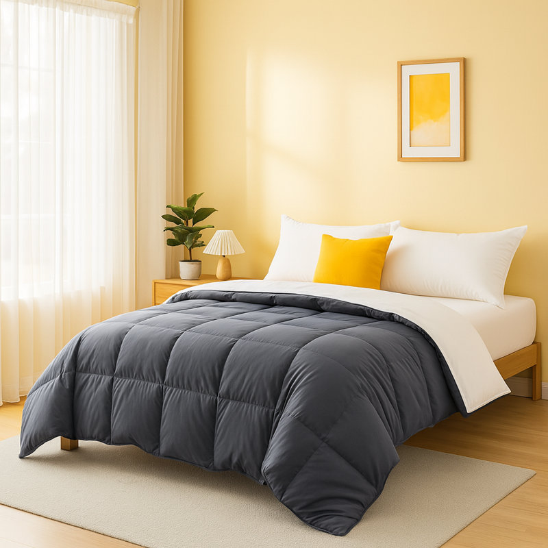 Lightweight Down Blend Comforter with Goose Feather Fiber Fill – Machine Washable Soft Breathable All Season Duvet Insert, Dark Gray