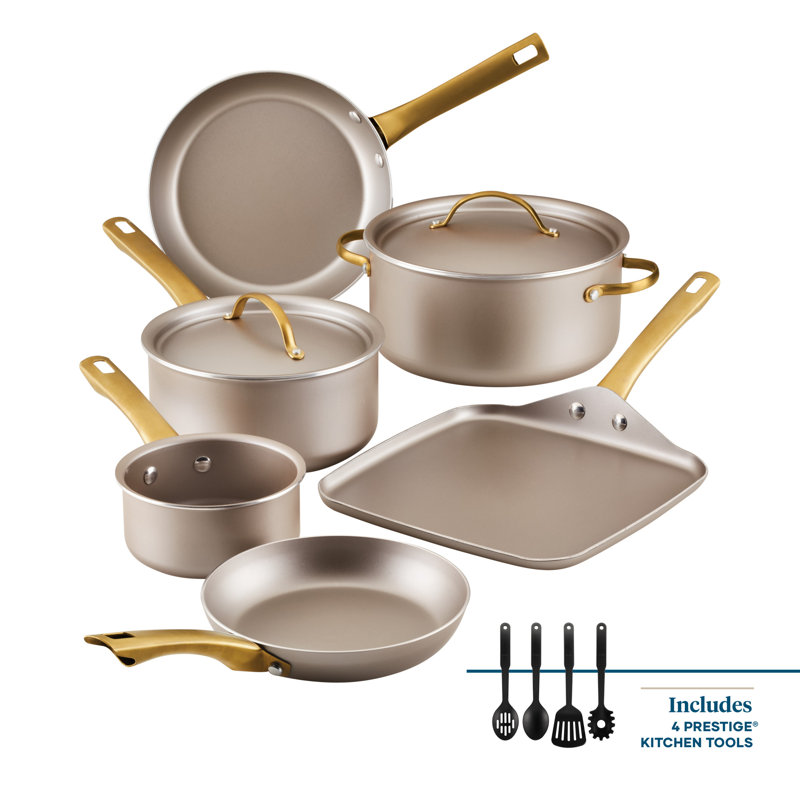 Champagne Nonstick Aluminum Cookware Set with Gold Handles, 12 Piece