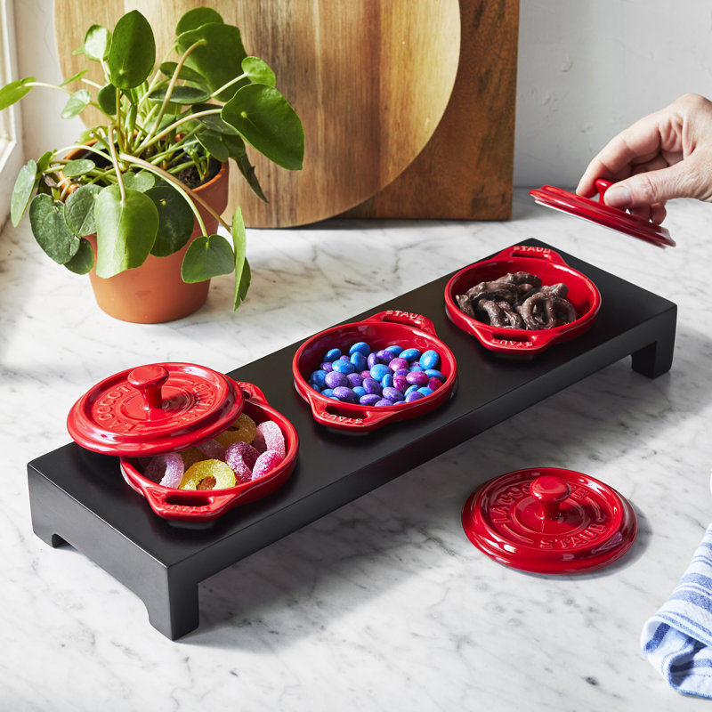 STAUB Ceramic 3-Pc Mini Round Cocotte Set With Tray, Cherry