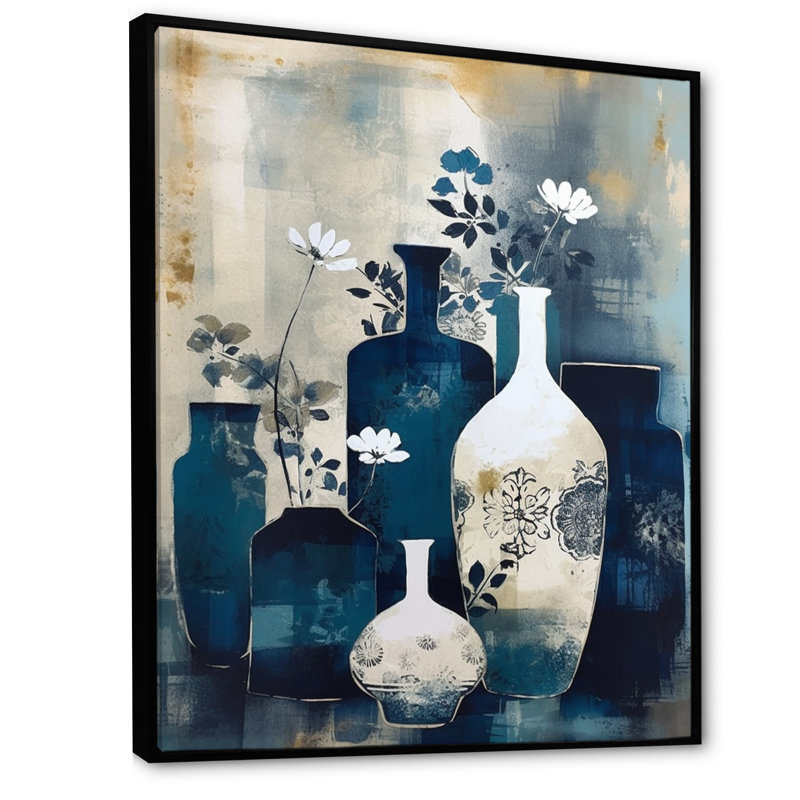 Art mural bleu et crème fantaisiste en argile II - Boho Pottery, H 32 po x l 24 po, Cadre flottant noir