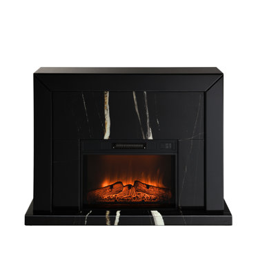 Foyer noir à finition miroir - Bois synthétique, texture de grain de marbre élégante, verre trempé scintillant, profondeur 12 po, largeur 47 po avec ornement composite élégant, lueur, largeur, hauteur 36 po
