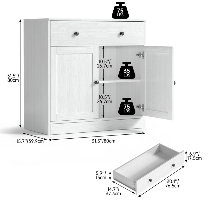 Marta Shaker White Accent Cabinet with Drawer— 31.5"W x 15.7"D x 31.5"H, White