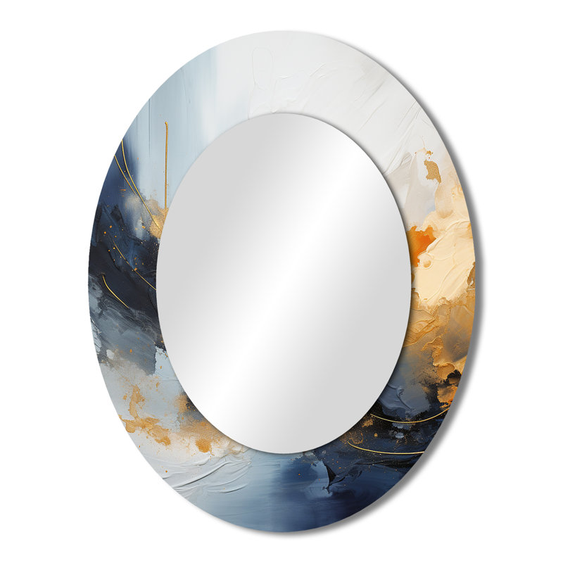 Tempête de marbre bleue et jaune tempête VII - Grand miroir mural ovale sur métal, 43 po x 33 po