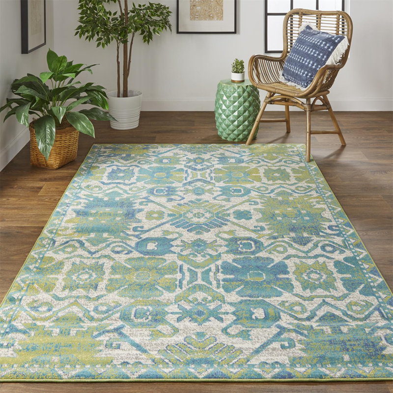 Tapis vert tissé à la machine Cyanne Ikat, Rectangle 10 pi x 13 pi 2 po