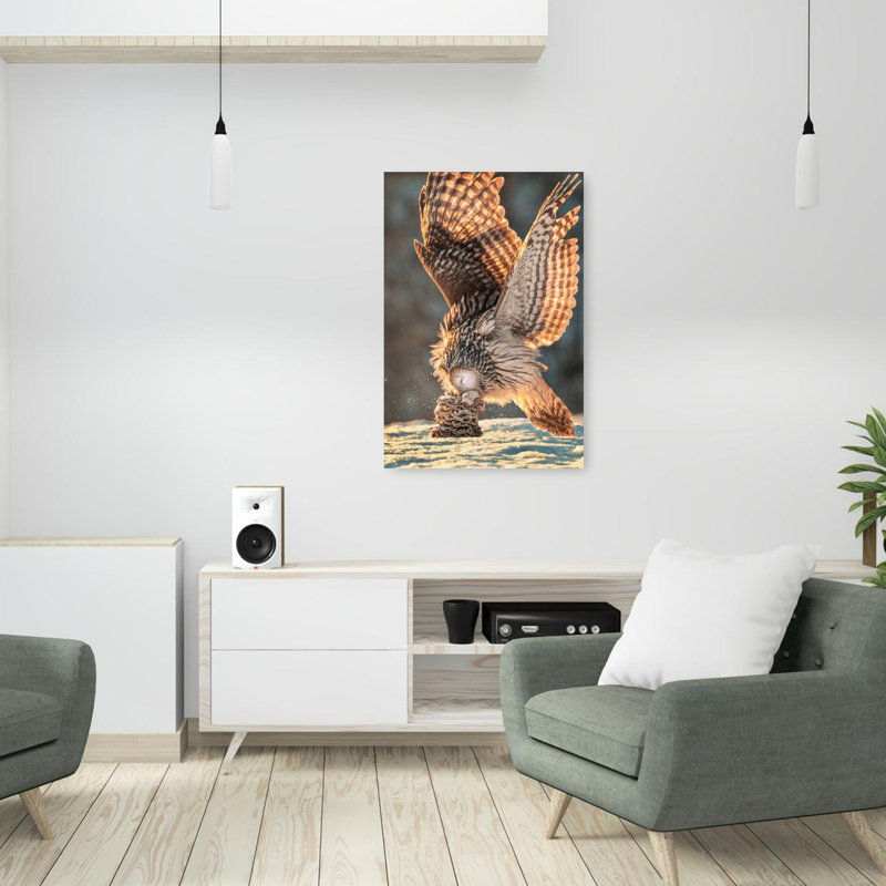 Golden Wings Winter Owl Abstract Contemporary Bird Owl Forest Landscape Wall Art Print 1 Piece Wrapped Canvas Wall Art