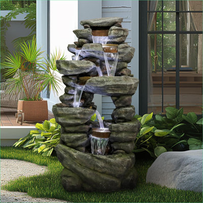Fontaines | Cascade d'extérieur 60 "à 7 niveaux pour jardin de patio, éclairage naturel à DEL et pompe | Résine | Pierre