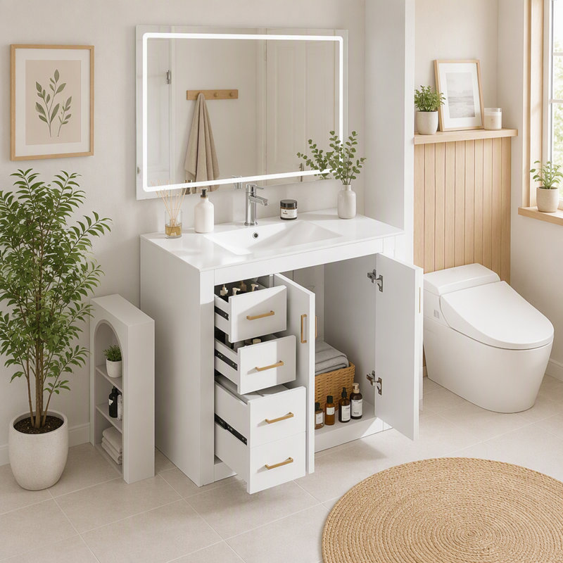 Meuble-lavabo de 91 cm (36 po) avec lavabo en céramique, meuble autoportant à 1 porte et 3 tiroirs, structure en bois massif et MDF, style moderne, gris