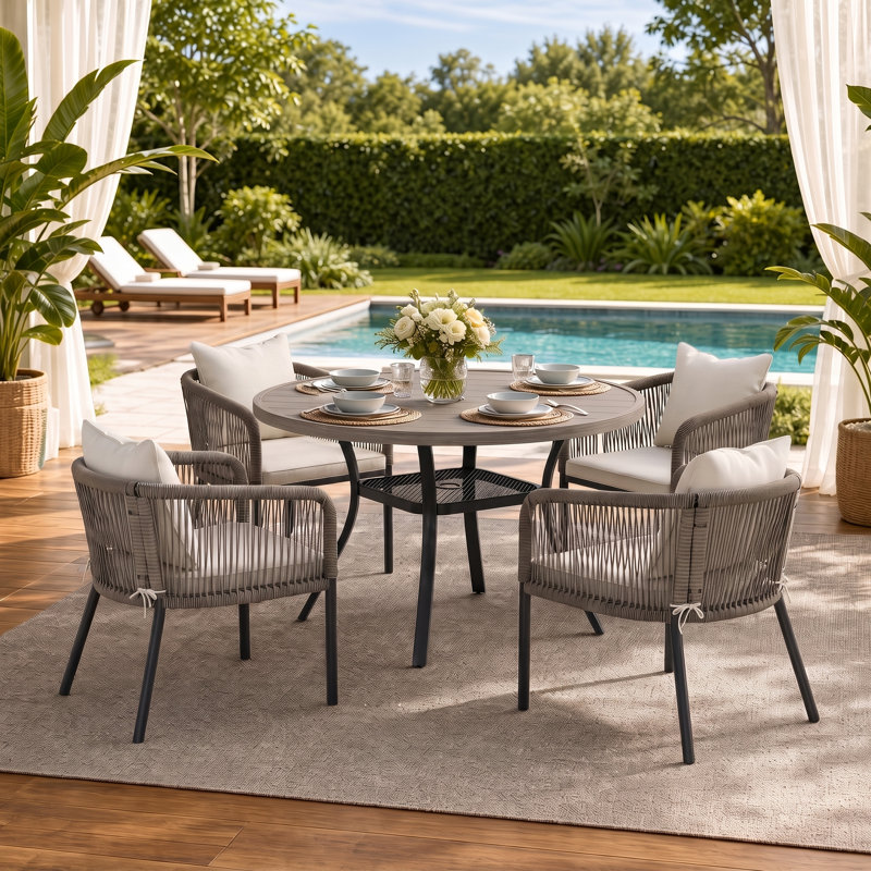 Ensemble repas d'extérieur pour 4 personnes Keppler, Bois brossé gris / gris / blanc