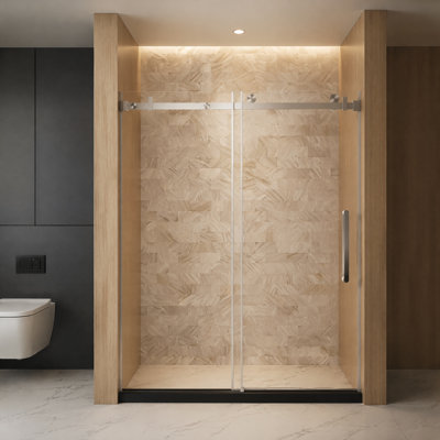 48"W x 76"H Narrow Compact Frameless Single Sliding Shower Door, 6mm Clear Tempered Glass with Full-Cover Explosion-Proof Safety Film, Thickened Square Tube Track & Anti-Corrosion Brushed Nickel Stainless Steel Handle for Small Narrow Shower Spaces