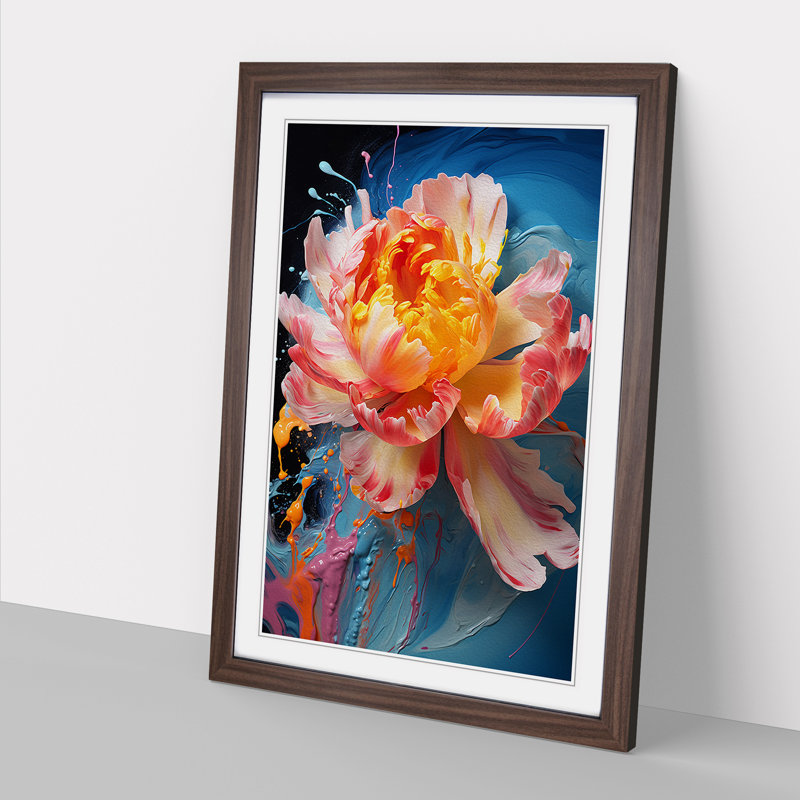 Peony Flower Expressionism - Single Picture Frame Print on Wood, Walnut Framed, 34cm H x 25cm W x 2cm D