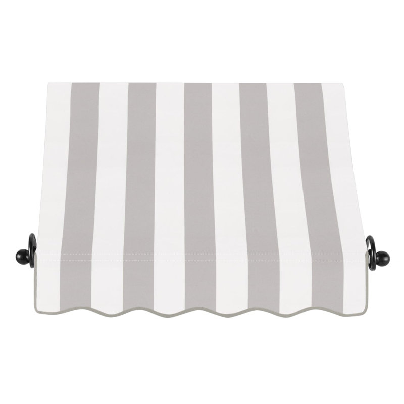 Awntech Charleston Acrylic Fabric Awning with Iron Scroll Arms, 18" H x 64.5" W x 36" D, Gray/White Stripe