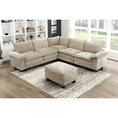 Modern Contemporary 6-Piece Modular Sectional With Ottoman Plush Comfort Taupe Chenille Upholstery Living Room Furniture Durable Plywood