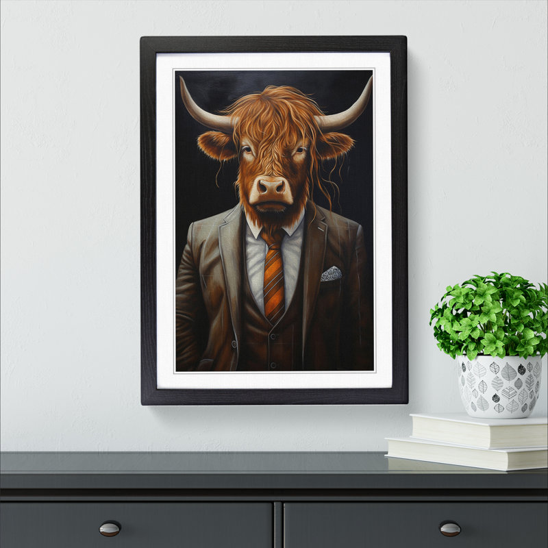 Highland Cow In A Suit Painting No.2 - Single Picture Frame Print on Wood, 64cm H x 46cm W x 2cm D, Black Framed