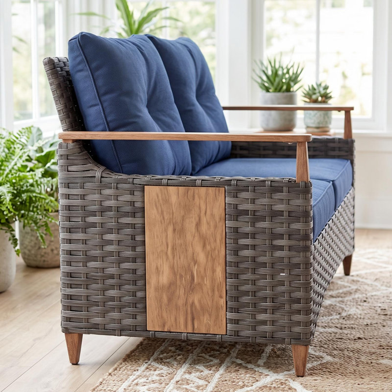Melvarn Outdoor Patio 48.6"w Rattan Wicker Loveseat 2-Person Sofa With Cushions And Wood-look Surface, Blue