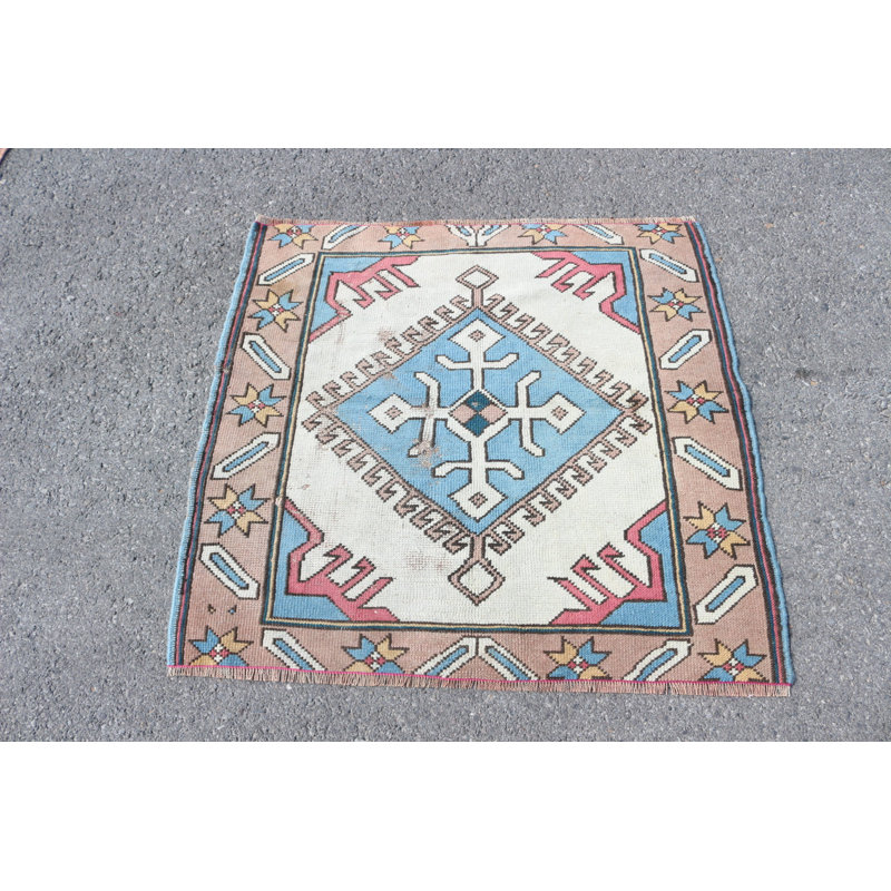 Petit tapis beige rétro Oushak vintage tissé à la main pour la décoration d'une chambre à coucher ou d'une décoration murale