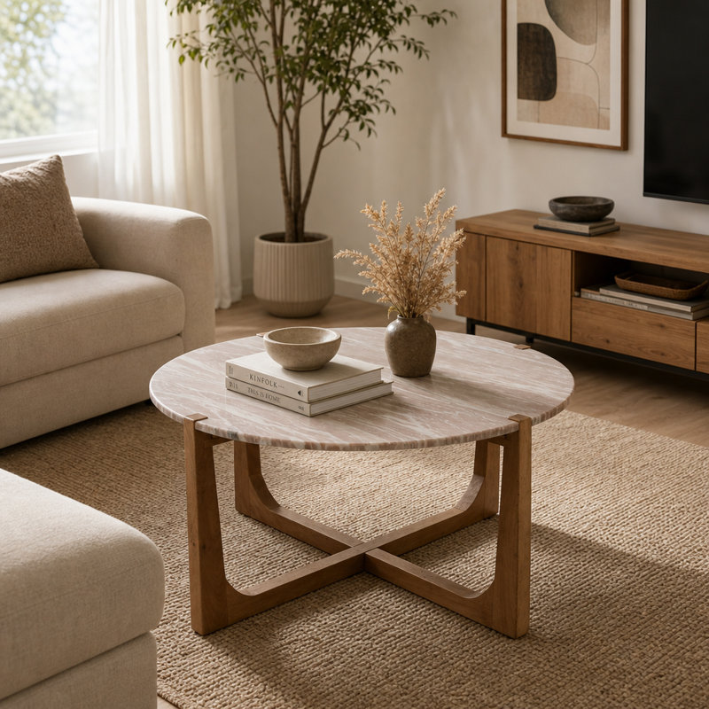Table basse Adonia moderne en marbre et en bois pour le salon - petite table d'appoint avec base piédestal pour décoration intérieure élégante - brun clair et brun