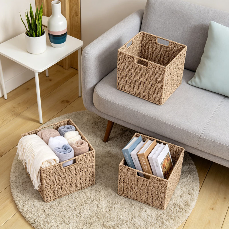 Handwoven Seagrass Storage Baskets Set Of 3, Foldable Cube Organizer Bins For Shelves, Pantry, Kitchen, And Bathroom Organization, Natural Wicker Storage With Sturdy Iron Frame