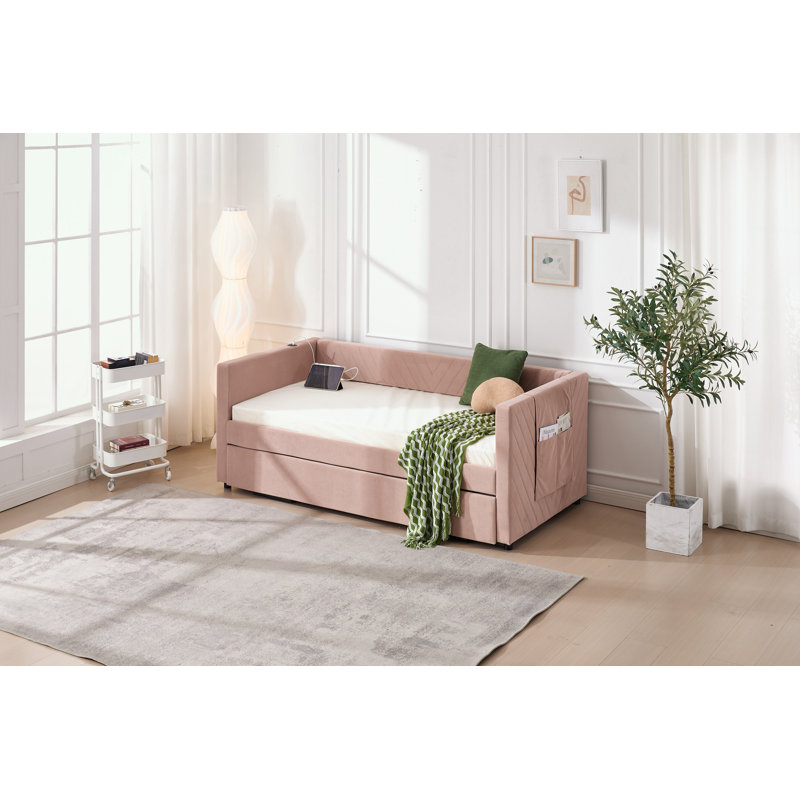 Lit de jour simple rembourré avec couchette, Rose