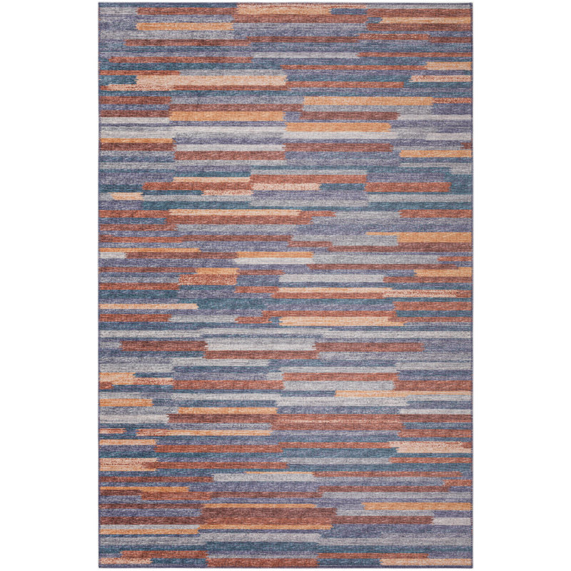 Tapis bleu / brun / gris abstrait tissé à la machine, Rectangle 5 pi x 7 pi 6 po