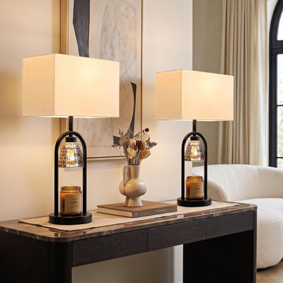 Ensemble de 2 lampes de table noir mat avec chauffe-bougie, lampes de chevet à double lumière à intensité variable et minuterie pour chambre ou salon