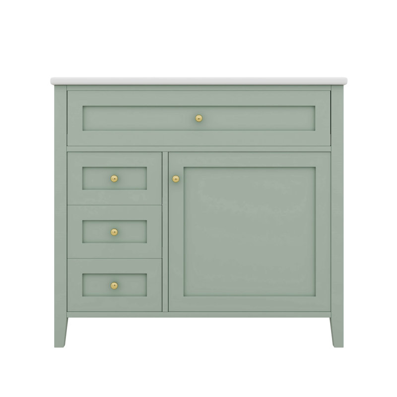 Armoire de meuble-lavabo 36 po, avec lavabo en céramique, 3 tiroirs, Vert, Doré