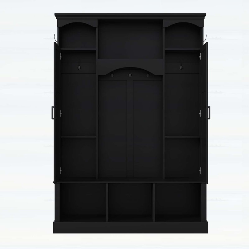 Classic All-in-One Hall Tree with Adjustable Shelves,Storage Bench with Dual Side Cabinets, Black