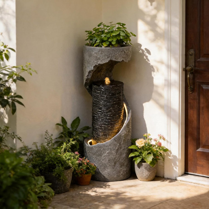 Grey Modern Garden Water Feature with LED Lights, Floor-Standing Fountain for Indoor & Outdoor Spaces