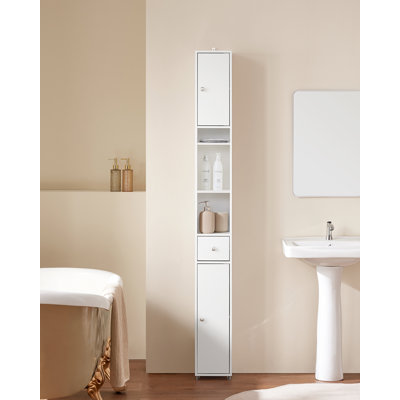 Bathroom Narrow Tall Storage Cabinet with 2 Doors, 1 Drawer, White