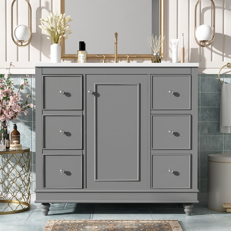 Meuble-lavabo avec lavabo en céramique durable et grand espace de rangement pour la salle de bain, Gris