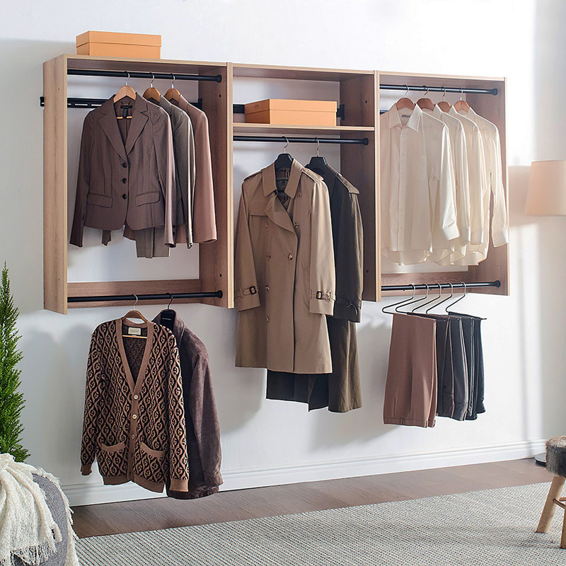 Devi Oak Wall Mounted Wood Closet System, Oak Wood