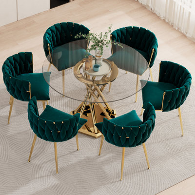 Ensemble de table de salle à manger de 47,2 po en verre trempé pour 6 personnes, table de cuisine moderne avec pieds en acier doré, 6 chaises de salle à manger rembourrées en velours avec cadres en métal, ensemble de salle à manger peu encombrant pour maison et appartement